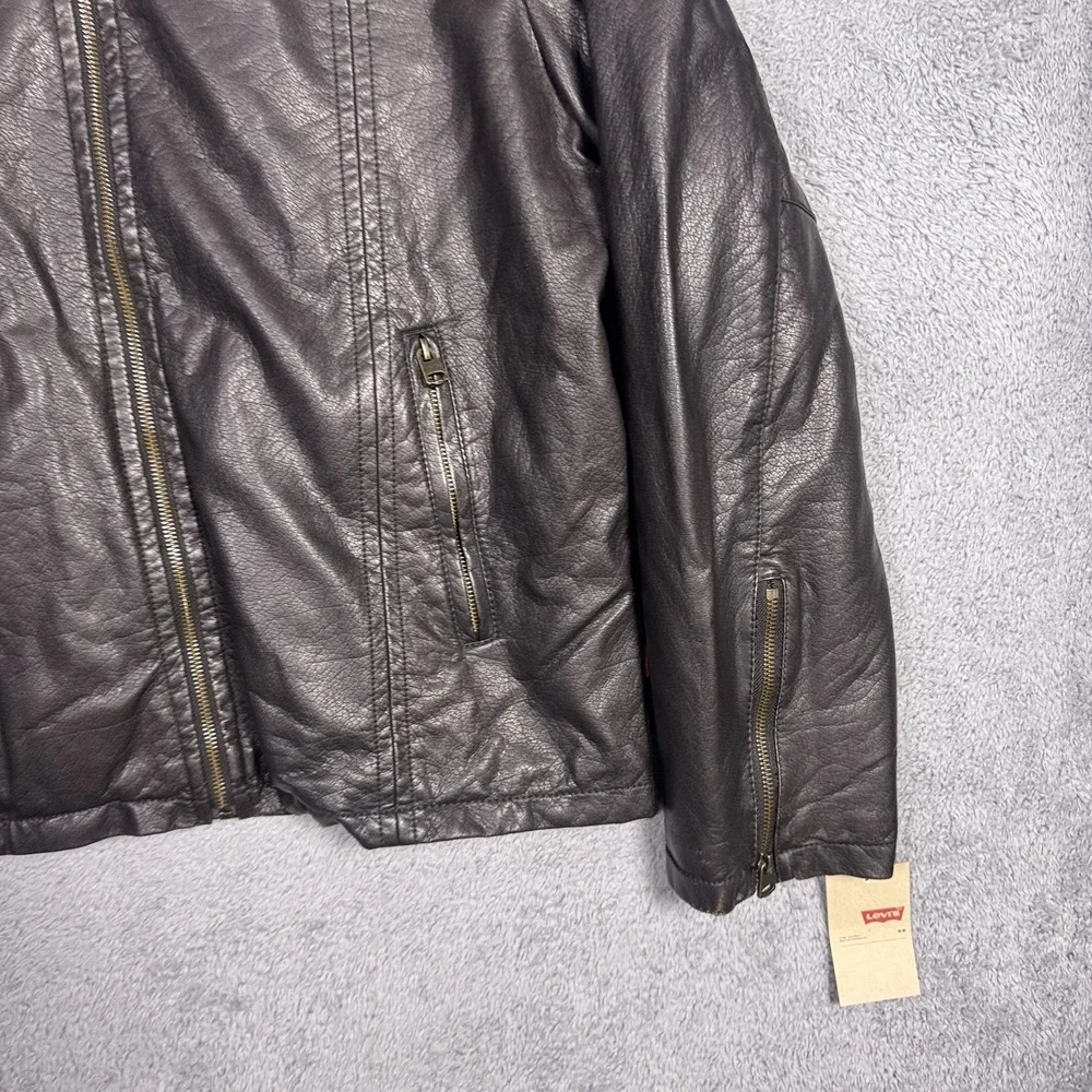 Levis Faux Leather Jacket Mens L Racer Dark Brown Hooded Moto $180 NEW w/ Tags